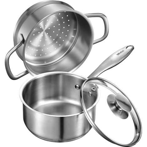 Casserole en Acier Inoxydable 1,4 L avec Panier Vapeur, Poêlon avec Couvercle en Verre et Poignée Ergonomique, Antiadhésif, Lavable au Lave-vaisselle, Compatible avec Four et Plaque à Induction (1/5)