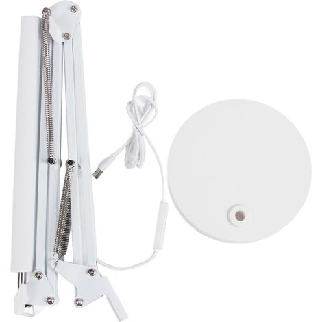 Lampe de bureau à bras articulé, pliable, avec port USB et LED multi-articulations, base ronde blanche. (1/5)