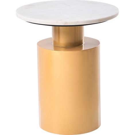 Mesa auxiliar redonda de estilo moderno con tapa de metal y base de piedra en color dorado y blanco Ariaga
