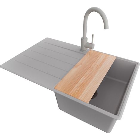 PRIMAGRAN Evier Cuisine en Granit 78x50cm, Lavabo 1 bac + Robinet 32x20cm + Kit de Vidage + Accessoire, Évier à Encastrer au meuble 45cm - Copenhague, Gris (1/5)