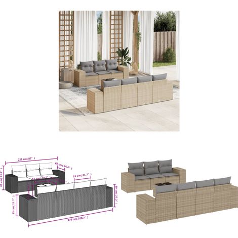 8-tlg. Garten-Sofagarnitur mit Kissen Beige Poly Rattan - Gartenmöbel Set - PE-Rattan Möbel - Outdoor Lounge - Esstisch - Sofasitzgruppe - Home & Living
