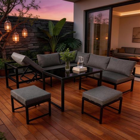 Outdoor Garden Lounge Sofa Seating Set, Garden Balcony Furniture with Reclining Function, Backrest Adjustable in Four Directions, Includes All Soft Seat Cushions and Backrest, Grey