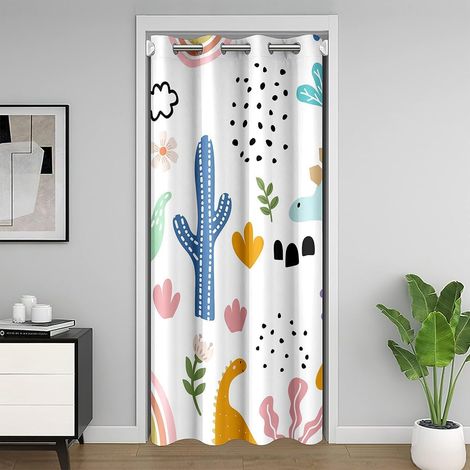 Rideau de Porte Dinosaure Enfant 86x203 cm, Occultant Imprimé Cactus, Placard Mignon Vert Bleu, Traitement de Fenêtre Fleurs Arc-en-Ciel Boho pour Chambre - 86L X 203H cm (1 Panneaux) (1/5)