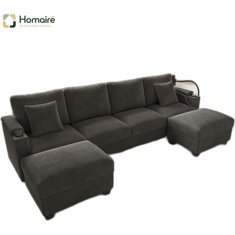 Canapé modulable en velours côtelé gris avec rangement, accoudoirs et port USB 275,5 x 139 x 87 cm HOMAIRE (1/5)