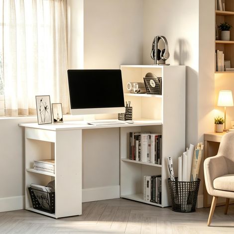 Weißer Schreibtisch mit integriertem Bücherregal aus Spanplatte, 120 x 55 x 120 cm (1/5)