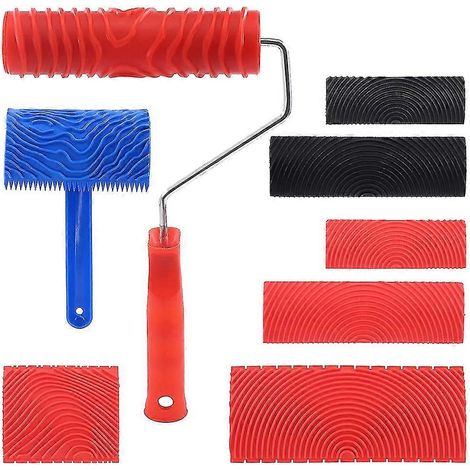 Ensemble de 8 outils de peinture à effet bois, rouleau en caoutchouc à motif grainé avec manche, pour la décoration murale DIY (1/5)