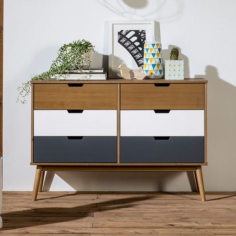 Commode 6 tiroirs en pin naturel, gris et blanc - JIZER