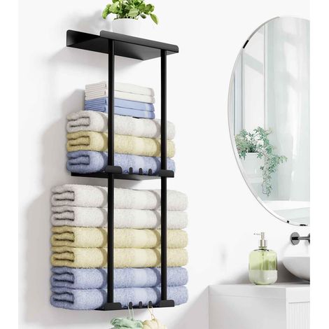 Towel Rack Wall Mounted No Drilling Bathroom Towel Rack Matte Black with 6 Hooks and Railings for Bathroom Kitchen Black (1/5)