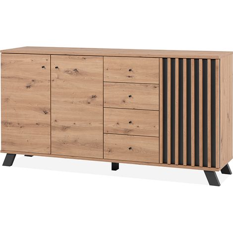 Buffet Medan51C 3 portes et 4 tiroirs en chêne anthracite – Dimensions L. 160 x P. 40 x H. 85 cm – Style contemporain avec pieds en MDF