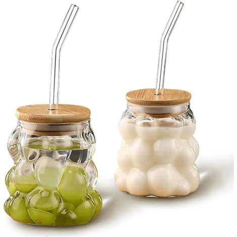 Grape Shaped Drinking Glasses with Bamboo Lids and Straws for Water, Tea, Juice, Coffee (1/5)