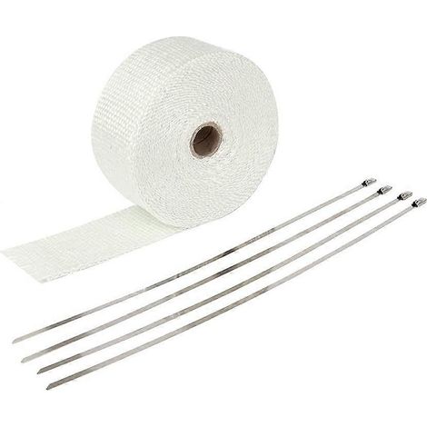 Rouleau de 5 cm x 10 m de bande thermique d'échappement pour moto, ruban de protection thermique en fibre de verre avec 4 attaches en acier inoxydable. (Noir) - Blanc (1/5)
