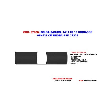 BOLSA BASURA NEGRA 140 L 10 UNIDADES 95 X 125 CM FLOWER REF. 22231