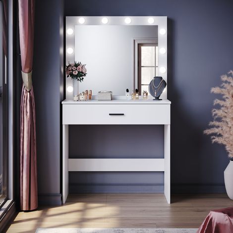ELEGANT Hollywood Vanity Mirror White Dressing Table with Adjustable 3 Color LED Lights, Girls Makeup Desk with 1 Large Storage Drawer, Bedroom Available