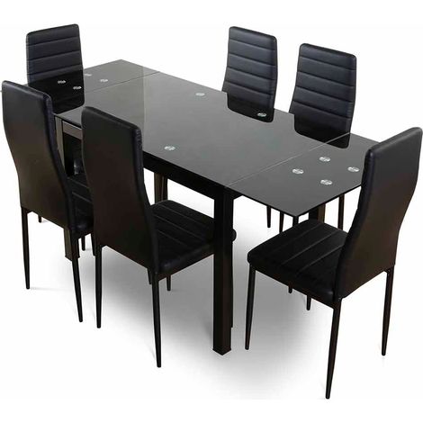 Mesa de Cristal Extensible 170cm + 6 Sillas Polipiel