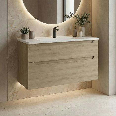 Meuble vasque suspendu 100 cm décor chêne 2 tiroirs ELYO (1/5)