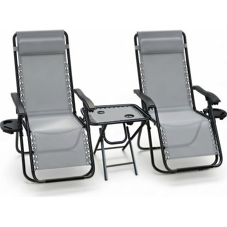 Vounot – Lot de 2 transats inclinables en textilène – Inclinaison réglable 90-127° – Support lombaire renforcé – Table d'appoint avec porte-gobelet
