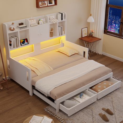Canapé-lit gigogne 90/180x190 cm blanc en bois avec tiroirs, rangements, prises et éclairage LED (1/5)