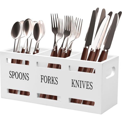 Porte-Ustensiles De Cuisine, 3 Compartiments Pot Ustensiles Cuisine En Bois, Organiseur D'ustensiles, Rangement Pour Ustensiles Pour Cuillère Fourchette Baguettes, 25,5 X 8,7 X 11cm (Blanc (1/5)