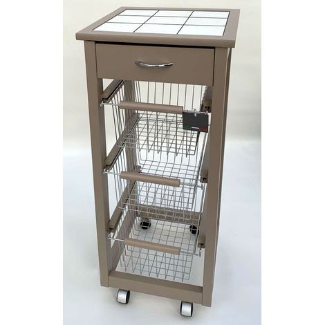 Carrello Cucina SALVASPAZIO in Legno di FAGGIO con CASSETTO E CESTI CONTENITORI 4 Ruote GIREVOLI PORTAPANE PORTAFRUTTA Tortora