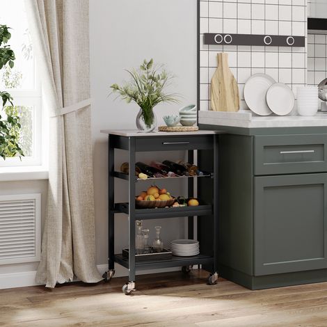 HOMCOM Chariot de Service desserte de Cuisine Table roulantes avec étagère rangement bouteille 60L x 40l x 85H cm Plateau en Acier INOX. Noir (1/5)