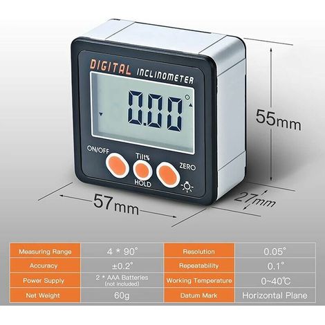 Digital inclinometer 0–360° Electronic protractor Aluminum alloy casing Digital angle gauge Magnetic base (cable-free) Digital inclinometer 0–360° Electronic protractor (1/5)