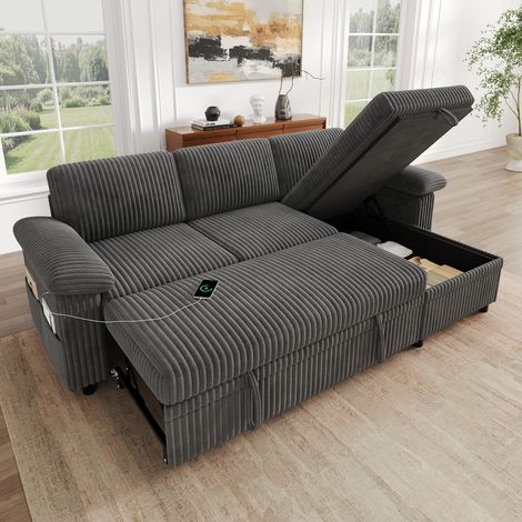 Canapé d'angle convertible 212 x 150 x 89 cm – Dossier réglable 5 positions Lit 212 x 177 cm – Tissu côtelé – USB/Type-C – gris (1/5)