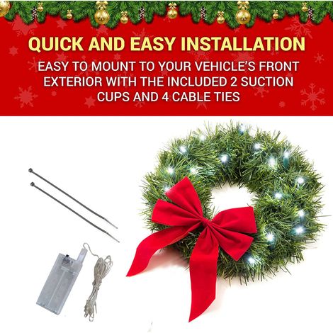 Couronne de Noël décorative pour voitures, camions et SUV. 30 cm, plastique et fer, 6 attaches de câble longues. (Piles AA non incluses.) (1/5)