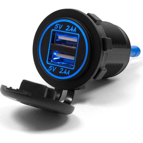 Toma de corriente doble para motocicleta Biketec con iluminación. Se monta en una superficie plana (carenado, baúl) o en el manillar. Se requiere el adaptador BTMUS28.