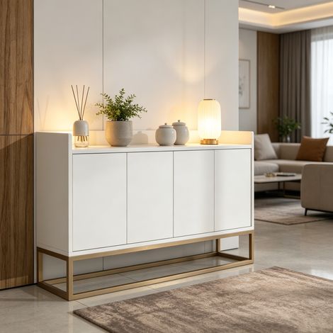 Buffet de rangement avec 4 portes, Étagères réglables, Cadre en métal minimaliste, Dimensions 120x30x80cm – Pour salon, chambre, couloir – Blanc (1/5)
