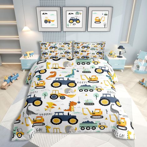 Housse de couette 220 x 240 cm, équipement de dessin animé pour enfants, garçons et filles, motif dinosaure, motif de véhicule de construction, jaune et bleu, motif de tracteur, décoration de chambre (1/5)