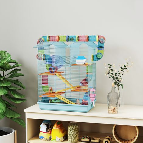 Cage hamsters plusieurs Bleu niveaux tubes plateformes alimentateur fontaine eau escalier roue 47x30x59 cm