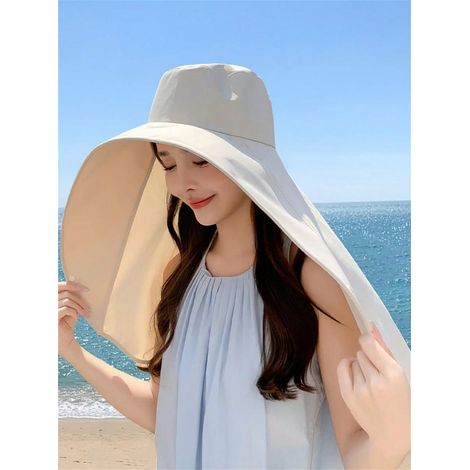 Chapeau anti-soleil grand modèle pour femme avec design châle, chapeau complet de protection sur la plage, beige - 1 pièce (1/2)
