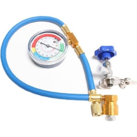 R134a-Kältemittel-Füllschlauch mit Niederdruckmanometer (250 psi), Ventilöffner und 6,35-mm-Adapter