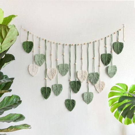 Tenture Murale en Macramé Tapisserie de Feuilles de Macramé Grande avec Perles en Bois Décoration Boho Décoration en Macramé pour Chambre Esthétique Décoration Murale d'Appartement (1/5)