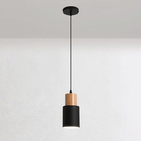 Mini-Hängeleuchte für den Nachttisch, Holz-Hängeleuchte mit zylindrischem Schirm, lange Metallrohr-Hängeleuchte, E27-Fassung – Schwarz (1/5)