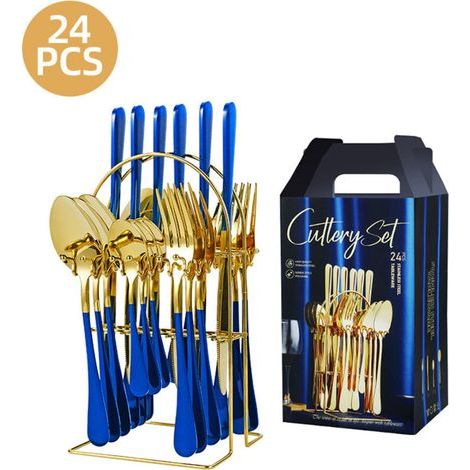 Ménagère 24 pièces en acier inoxydable avec support, finition miroir, pour 6 personnes, compatible lave-vaisselle, bleu et or (1/5)