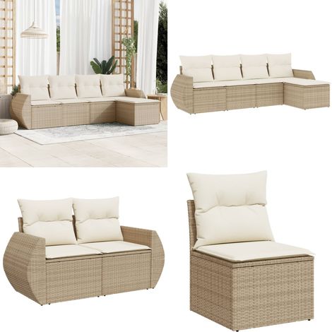 5-tlg. Garten-Sofagarnitur mit Kissen Beige Poly Rattan - Gartensortiment - Gartenmöbelset - Lounge Set - Rattan Gartenmöbel - Outdoor Lounge - Home & Living (1/5)