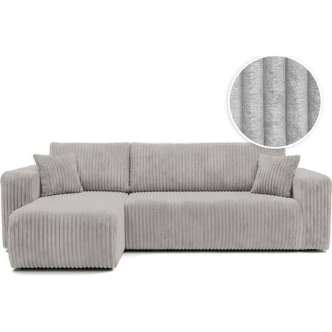 Loungitude – Canapé convertible d'angle réversible 4 places – Velours côtelé épais – Coffre de rangement intégré – Gris clair (1/5)