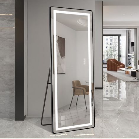 Miroir en pied LED 163 x 54 cm noir avec cadre en aluminium et support (1/5)