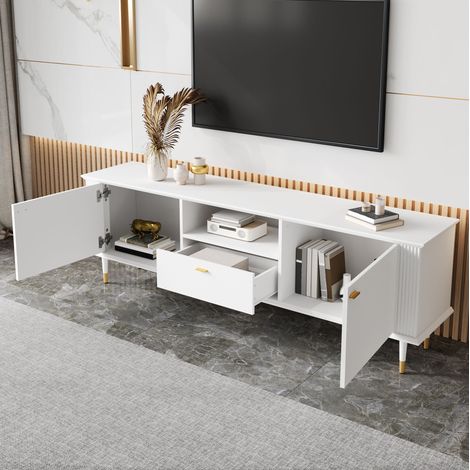 Mueble para TV de MDF blanco 170x36x54 cm con 2 puertas, 1 cajón, hueco abierto, pasacables y cierre suave (1/5)