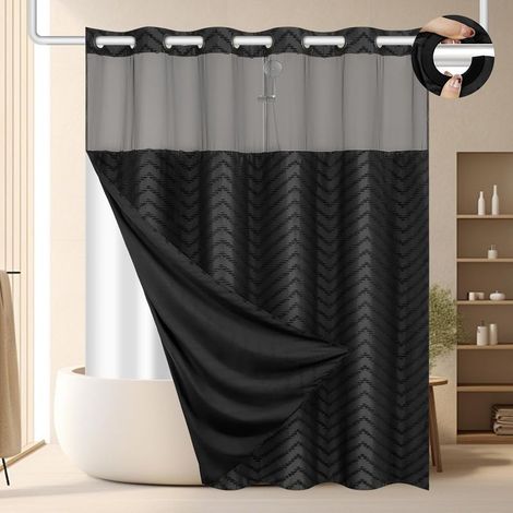 Duschvorhang ohne Haken, schwarzer Stoff, Druckknöpfe, ohne Aufhängeringe, wasserdicht und waschbar, mit transparentem Fenster oben, geeignet für Hotelbäder, 71 x 7 (1/5)