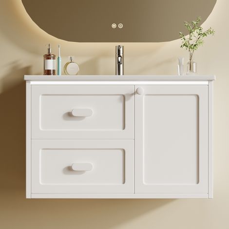 Mobile bagno con lavabo 76 x 46 x 51 cm, LED con sensore radar, 2 cassetti, bianco HAVRYA (1/5)
