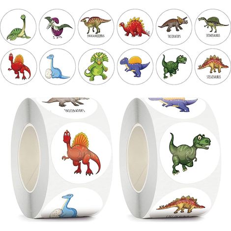KOWOLL Autocollants dinosaures pour enfants, 1000 pièces, autocollants dinosaures 3D en relief, 12 modèles, 2 rouleaux, 2,5 cm (1/5)