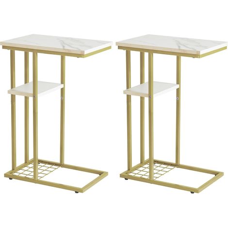 Side Table Set of 2 Sofa End Coffee Table C Shape 2 Tier Coffee Table Small Metal Frame Table for Living Room Bedroom Office White and Gold Marble HST004W-2 (1/5)