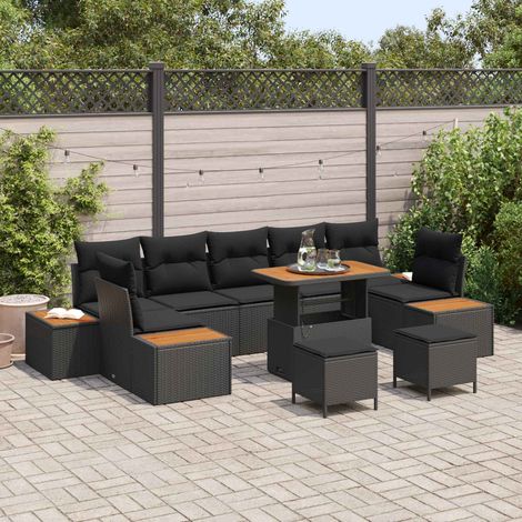 vidaXL Conjunto de sofás de jardín 10 uds. 9-Número de plazas Negro (1/5)
