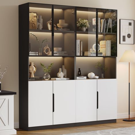 URBAN MEUBLE Vitrine bibliothèque moderne noir 4 portes blanches 4 portes en verre avec lumières LED 160x30x200cm (1/5)