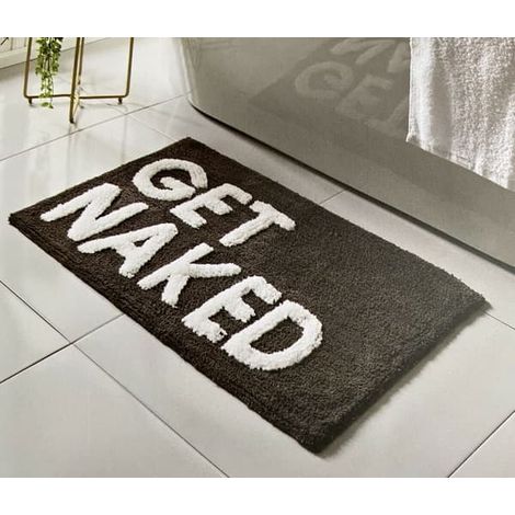 Tapis de bain noir et blanc GET NAKED avec dos absorbant, inscription « Get Naked » en relief, ultra doux et antidérapant (noir) (1/3)