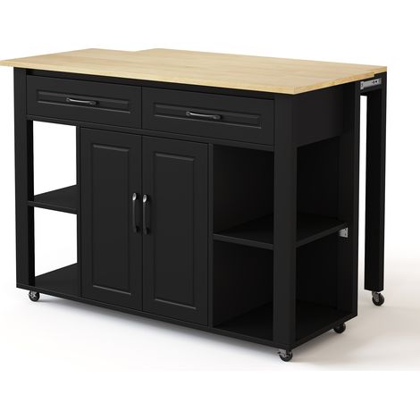 Îlot de cuisine mobile extensible de 120 cm avec bar et prises, 2 tiroirs et 2 portes de placard avec étagères de porte. Convient pour la cuisine, la salle à manger, le salon, etc.