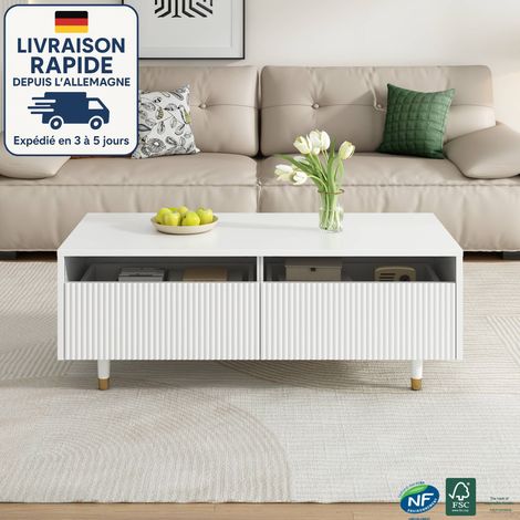 Mesa de centro - Mesa de salón - Aparador bajo - Cajón ondulado - Contemporáneo - Dos cajones y tira de luz LED que cambia de color - Blanco (1/4)