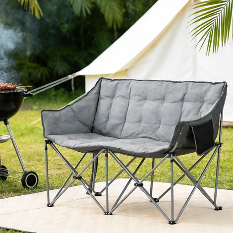 Aoxun Double Camping Chair Padded Folding Sofa for Adults - 2 Seater Sofa Heavy Duty Lawn Chairs with Side Pocket - Fishing Garden Chairs Outdoor Portable Oversized Comfy, Grey (1/5)